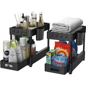 2 Pack, Bathroom Organizer 2-Tier Sliding Kitchen Cabinet Organization with Hook